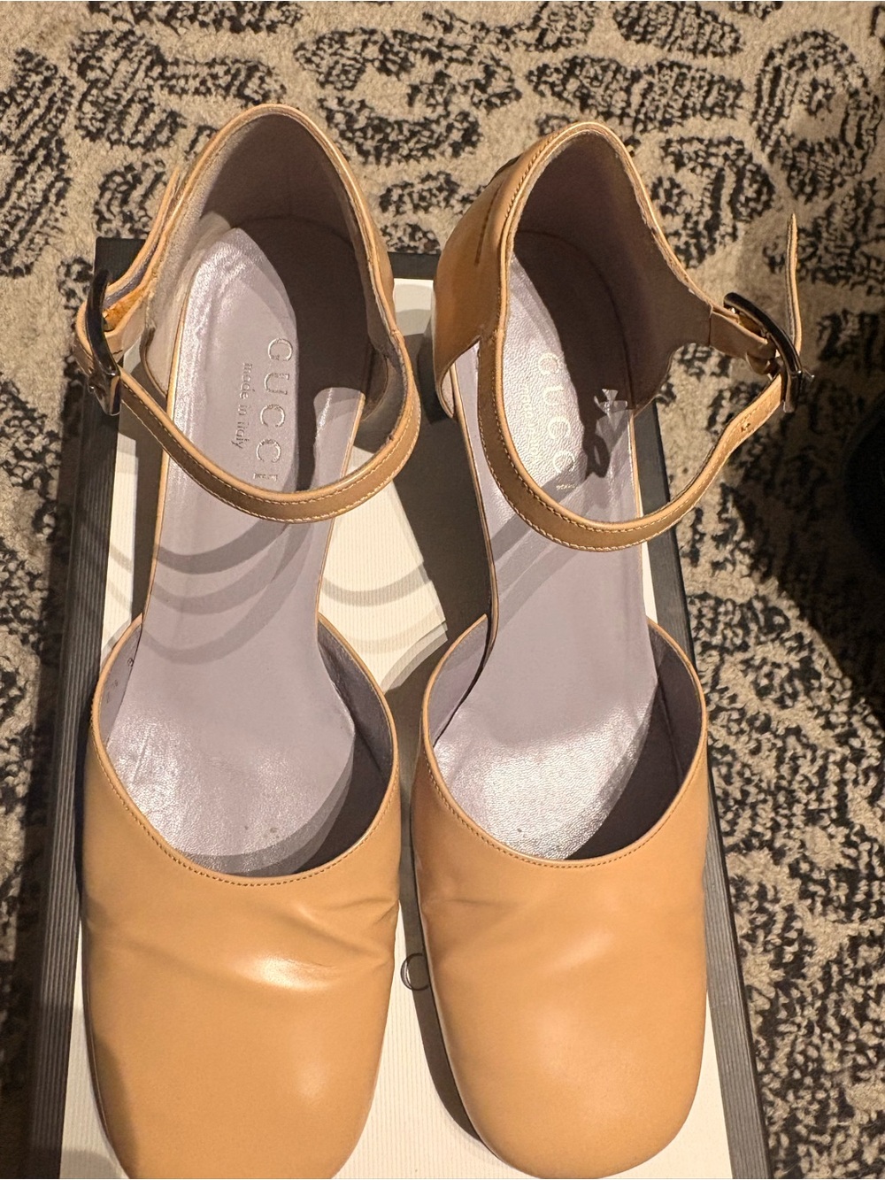 Gucci Tan Leather Ankle-Strap Round-Toe Heels